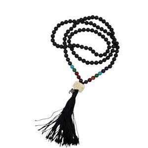Black Lava Stone Mala Necklace w. Chakra Beads, Elephant, Om & Tassel NEW